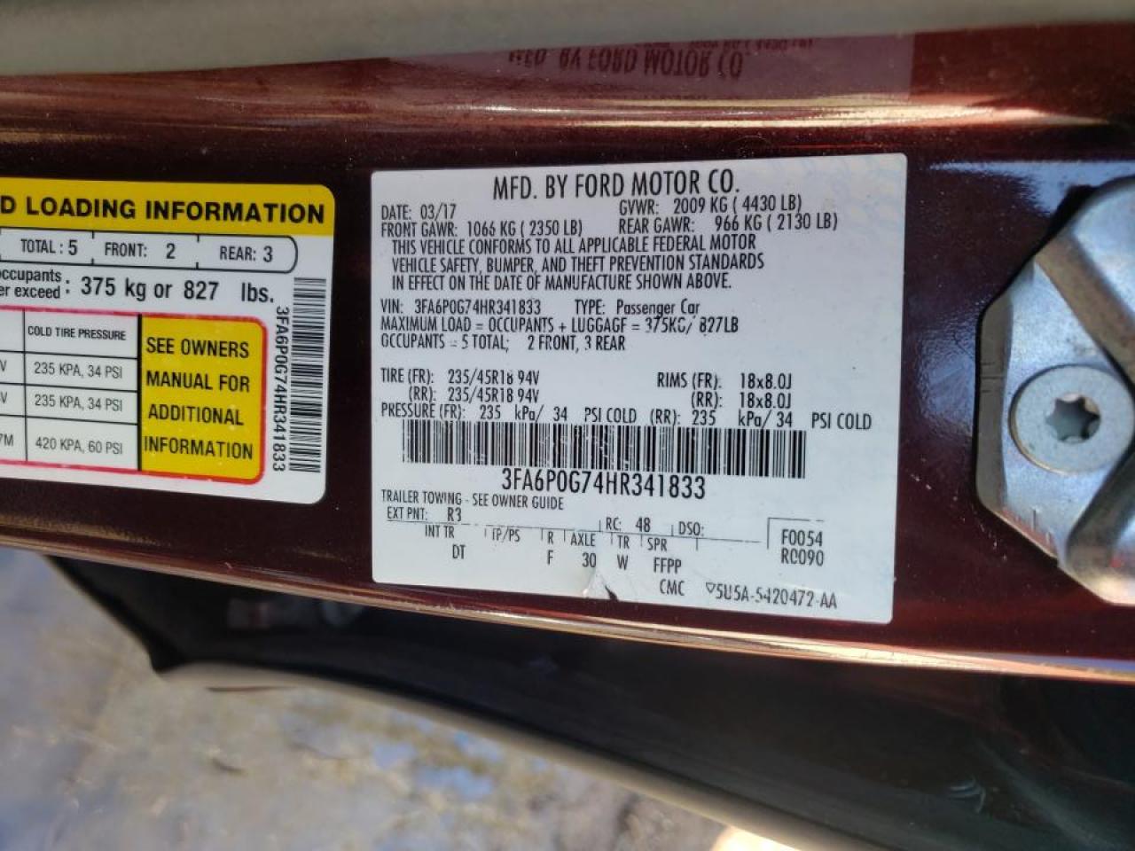 Photo 10 from auction – 2017 FORD FUSION S with VIN 3FA6P0G74HR341833