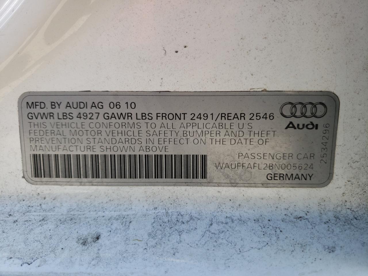 Photo 10 from auction – 2011 AUDI A4 PREMIUM with VIN WAUFFAFL2BN005624