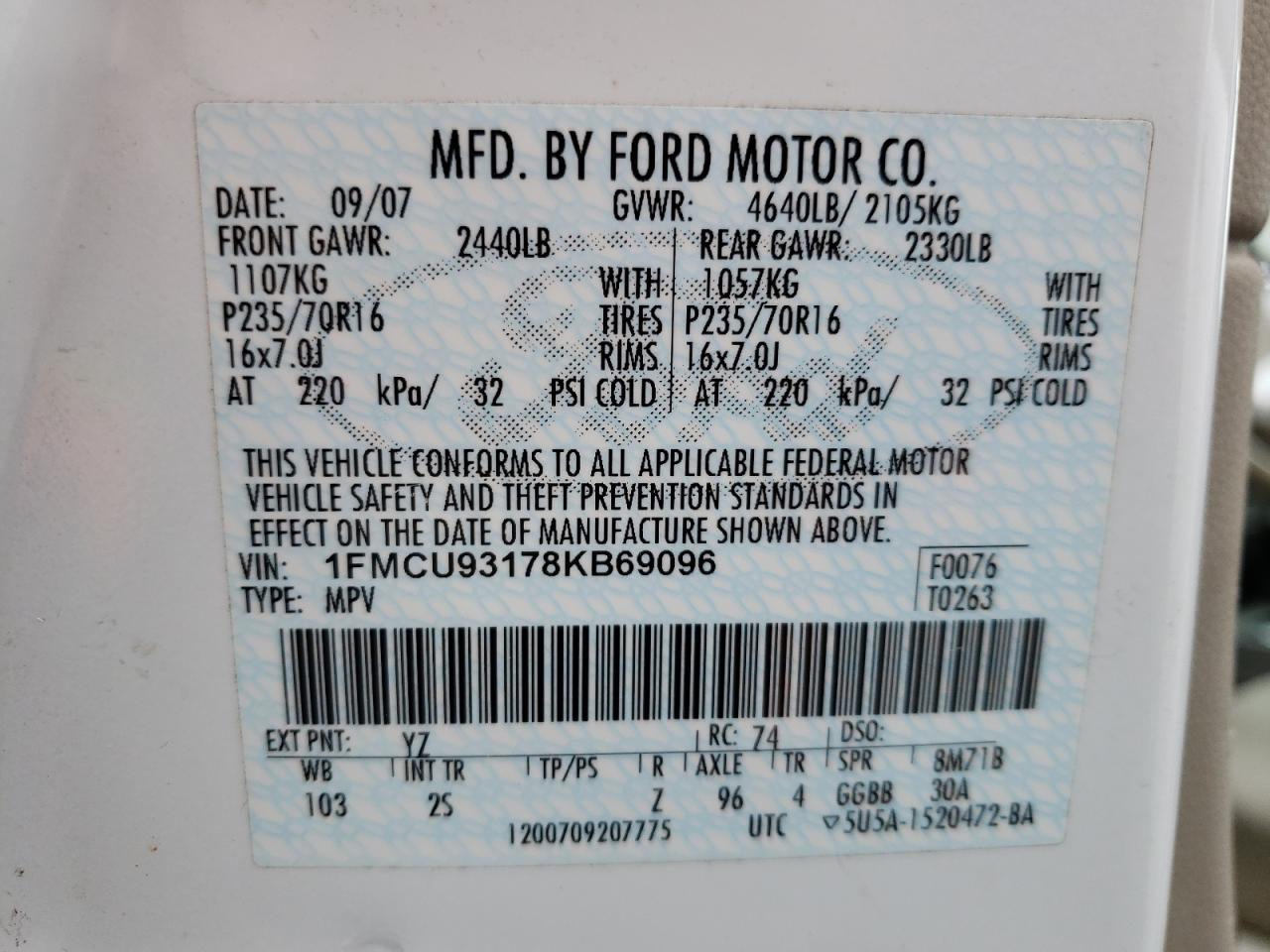 Photo 10 from auction – 2008 FORD ESCAPE XLT with VIN 1FMCU93178KB69096