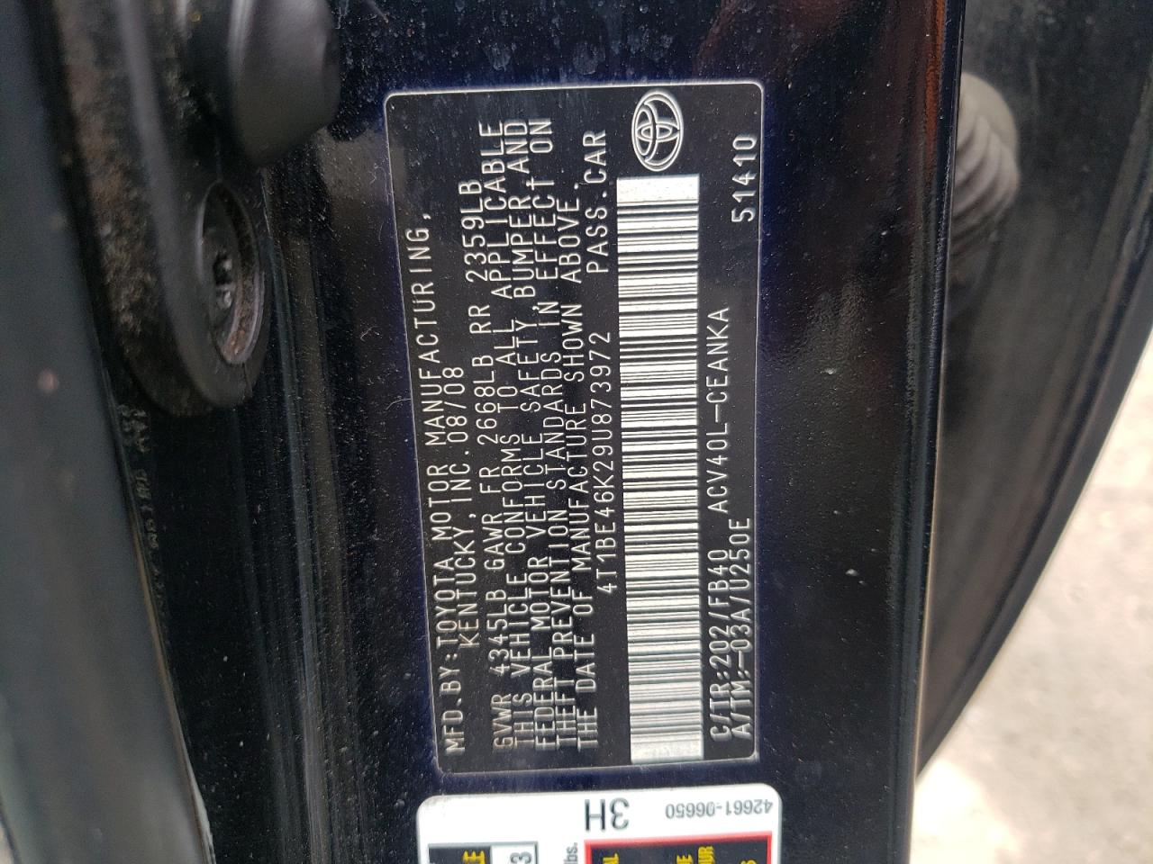 Photo 10 from auction – 2009 TOYOTA CAMRY BASE with VIN 4T1BE46K29U873972