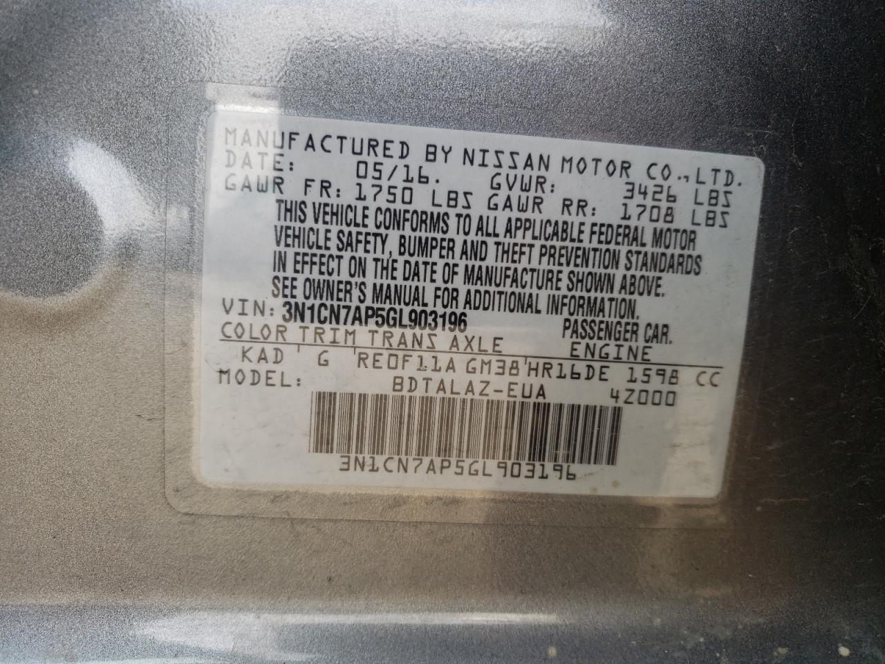 Photo 10 from auction – 2016 NISSAN VERSA S with VIN 3N1CN7AP5GL903196