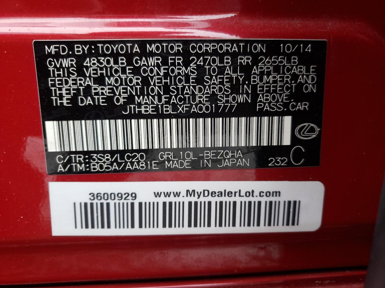 Photo 10 from auction – 2015 LEXUS GS 350 with VIN JTHBE1BLXFA001777