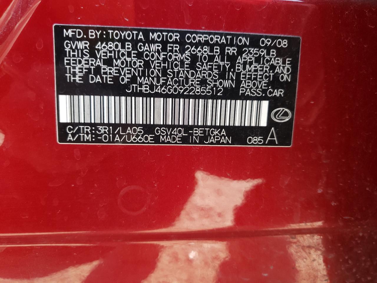 Foto 10 de la subasta – 2009 LEXUS ES 350 con VIN JTHBJ46G092285512