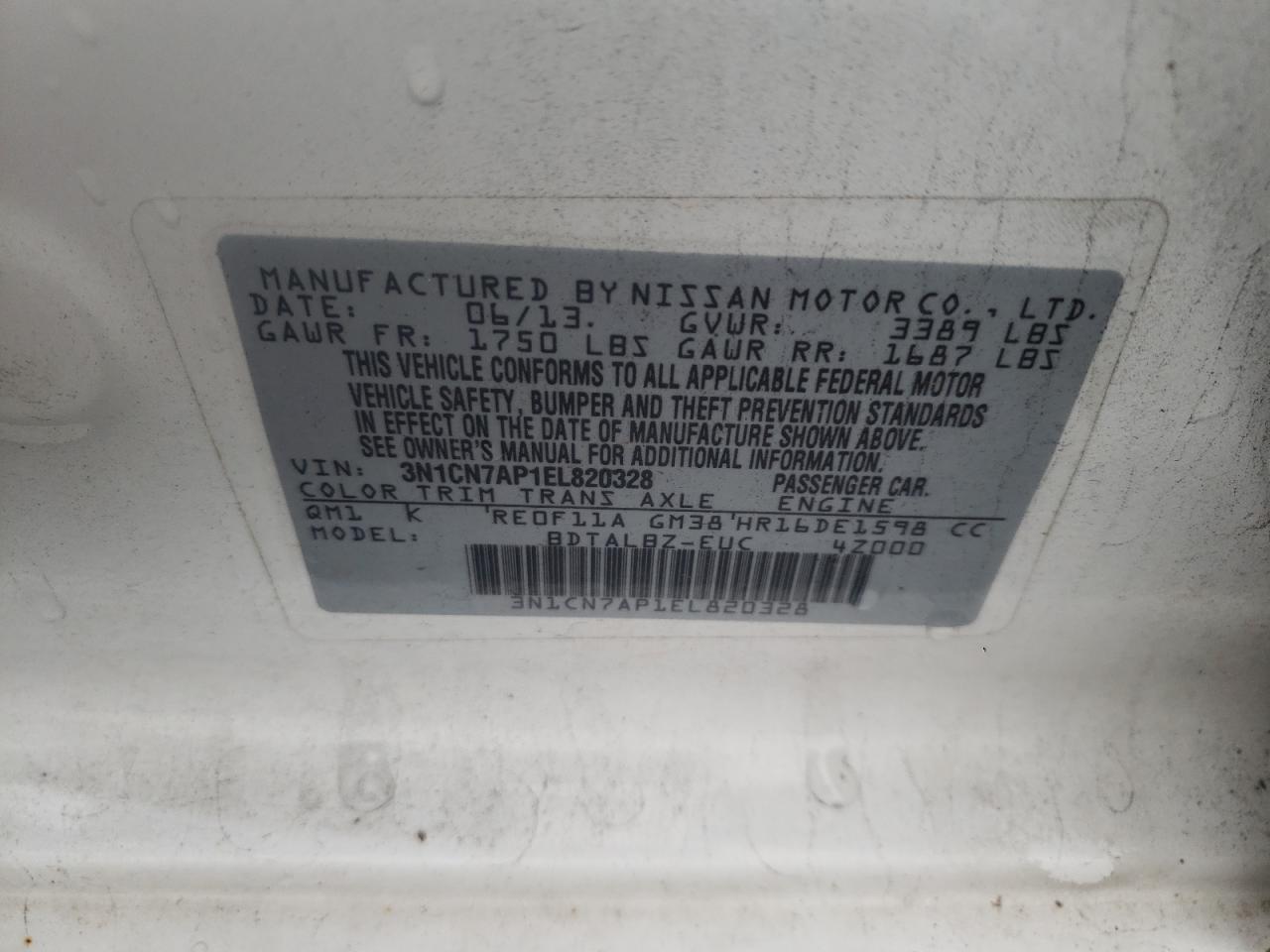 Photo 10 from auction – 2014 NISSAN VERSA with VIN 3N1CN7AP1EL820328