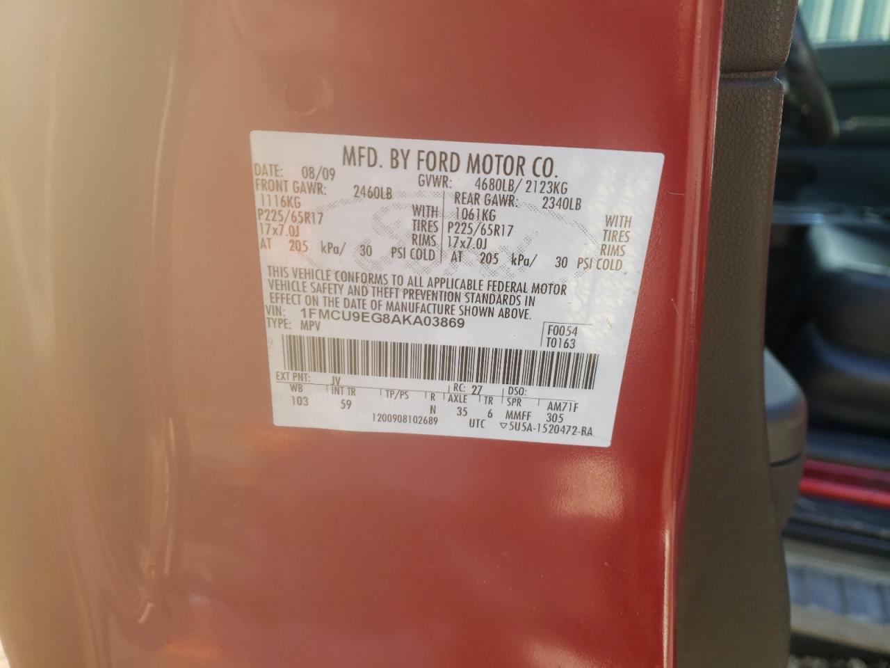 Photo 10 from auction – 2010 FORD ESCAPE LIM with VIN 1FMCU9EG8AKA03869