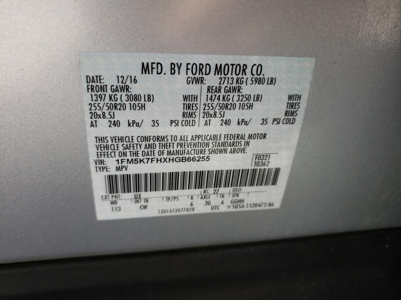 Photo 10 from auction – 2017 FORD EXPLORER L with VIN 1FM5K7FHXHGB66255