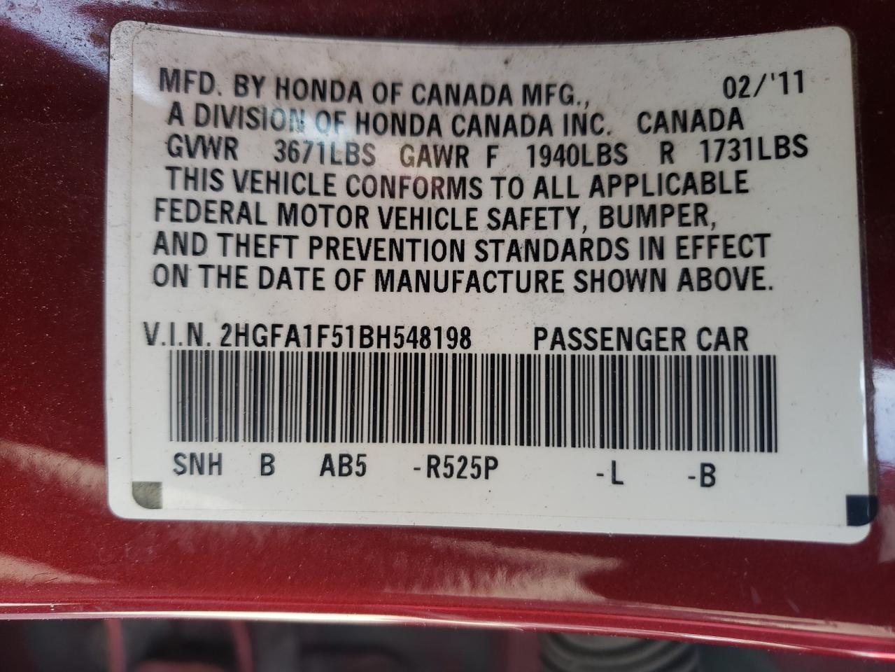 Photo 10 from auction – 2011 HONDA CIVIC LX with VIN 2HGFA1F51BH548198