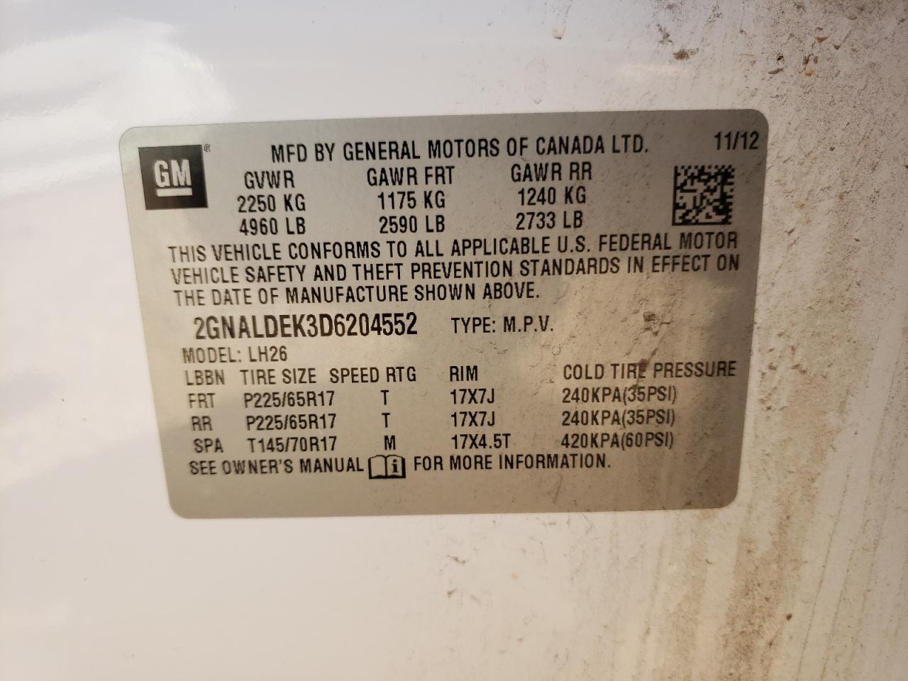 Photo 10 from auction – 2013 CHEVROLET EQUINOX LT with VIN 2GNALDEK3D6204552