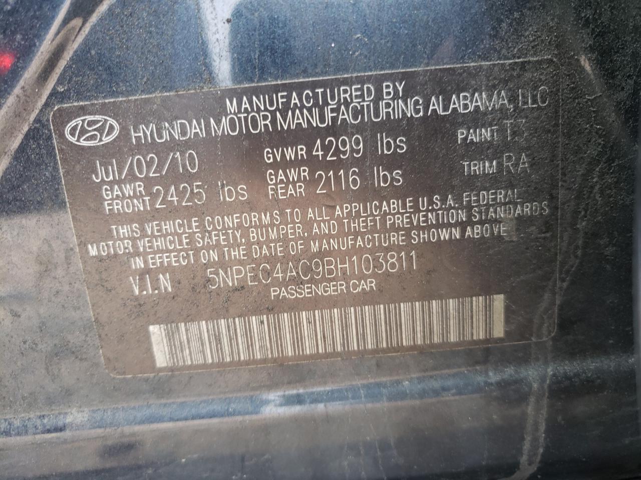 Photo 10 from auction – 2011 HYUNDAI SONATA SE with VIN 5NPEC4AC9BH103811