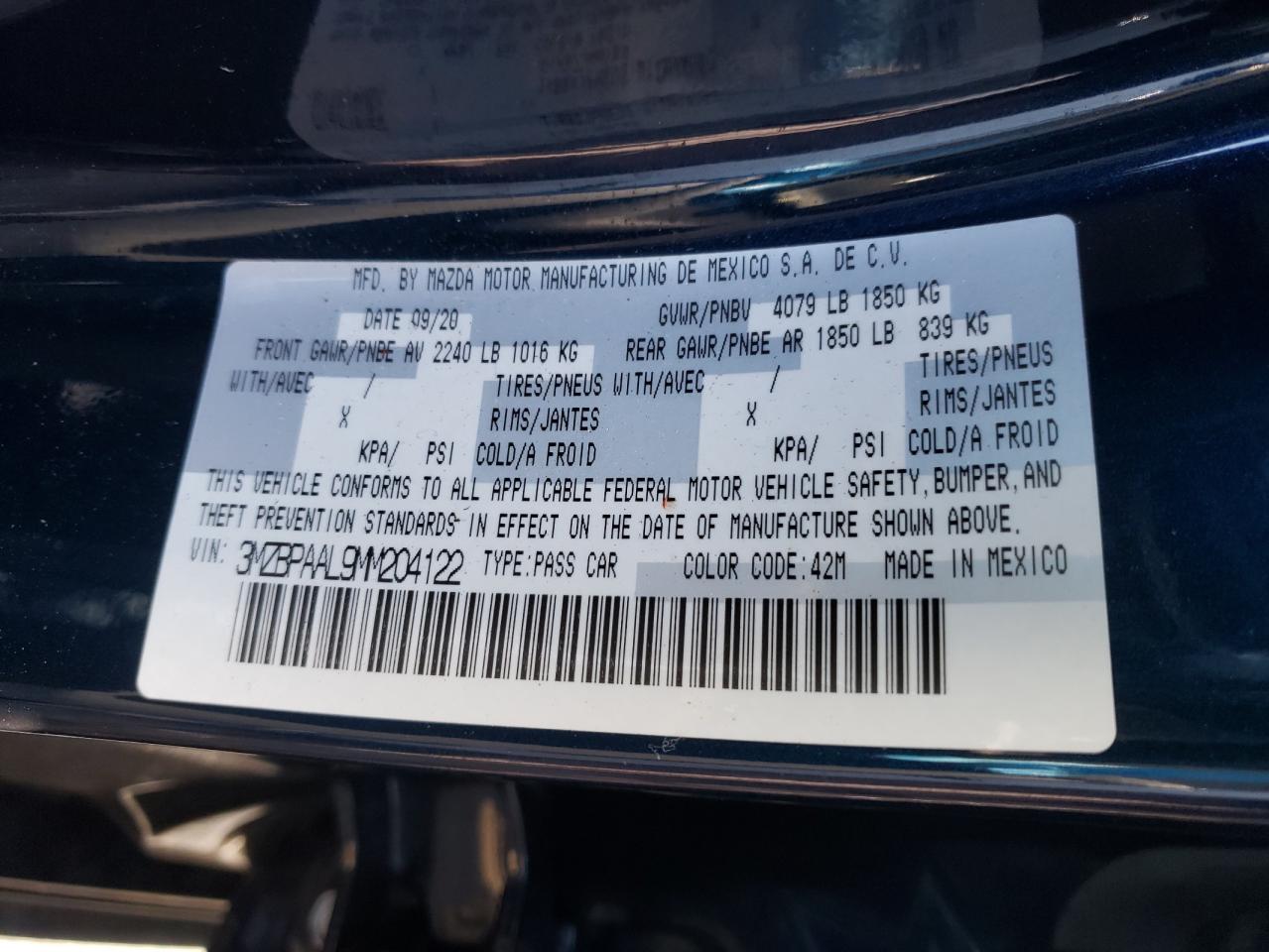 Photo 10 from auction – 2021 MAZDA 3 with VIN 3MZBPAAL9MM204122
