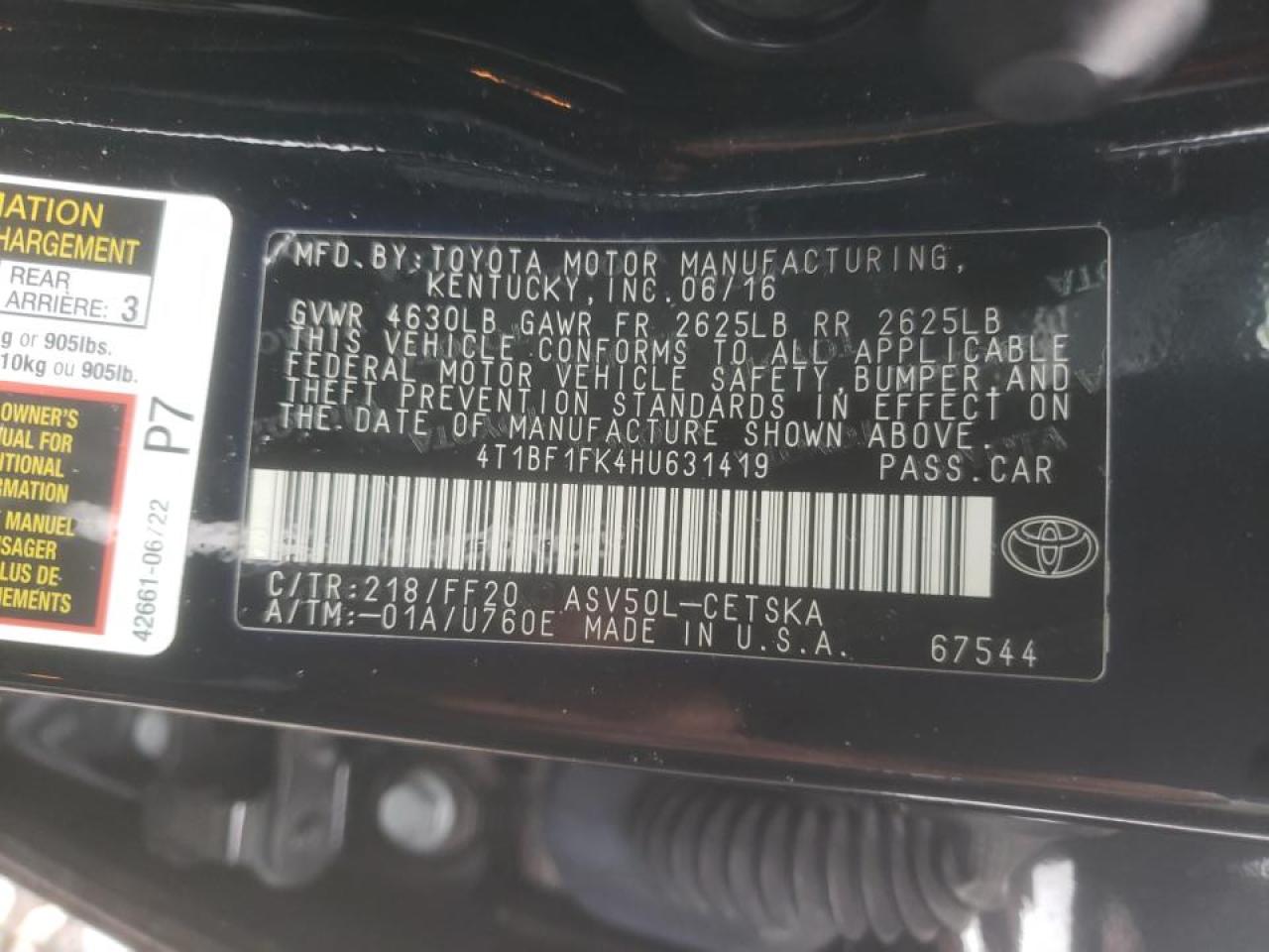 Photo 10 from auction – 2017 TOYOTA CAMRY LE with VIN 4T1BF1FK4HU631419