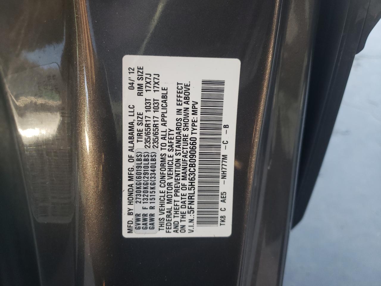 Photo 10 from auction – 2012 HONDA ODYSSEY EX with VIN 5FNRL5H63CB090660