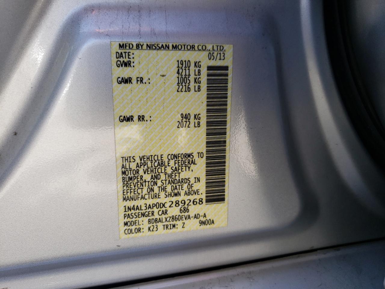 Photo 10 from auction – 2013 NISSAN ALTIMA 2.5 with VIN 1N4AL3AP0DC289268