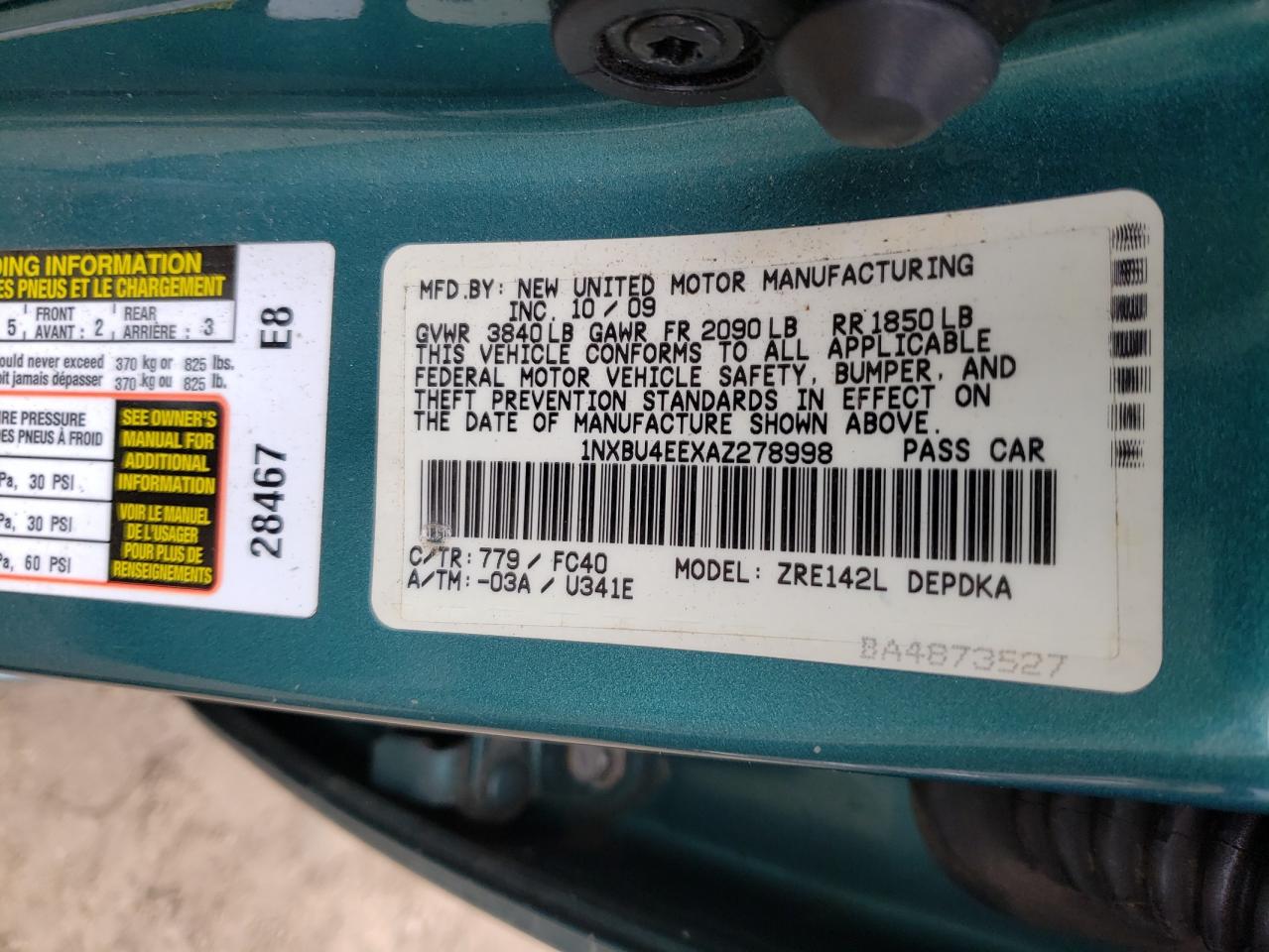 Photo 10 from auction – 2010 TOYOTA COROLLA BA with VIN 1NXBU4EEXAZ278998