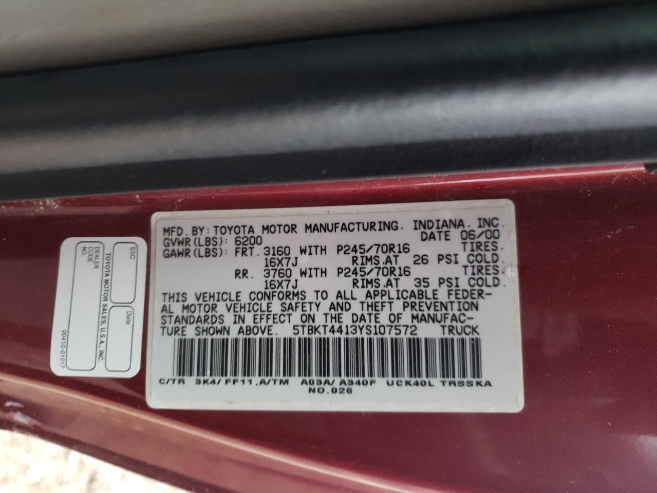 Photo 10 from auction – 2000 TOYOTA TUNDRA SR5 with VIN 5TBKT4413YS107572
