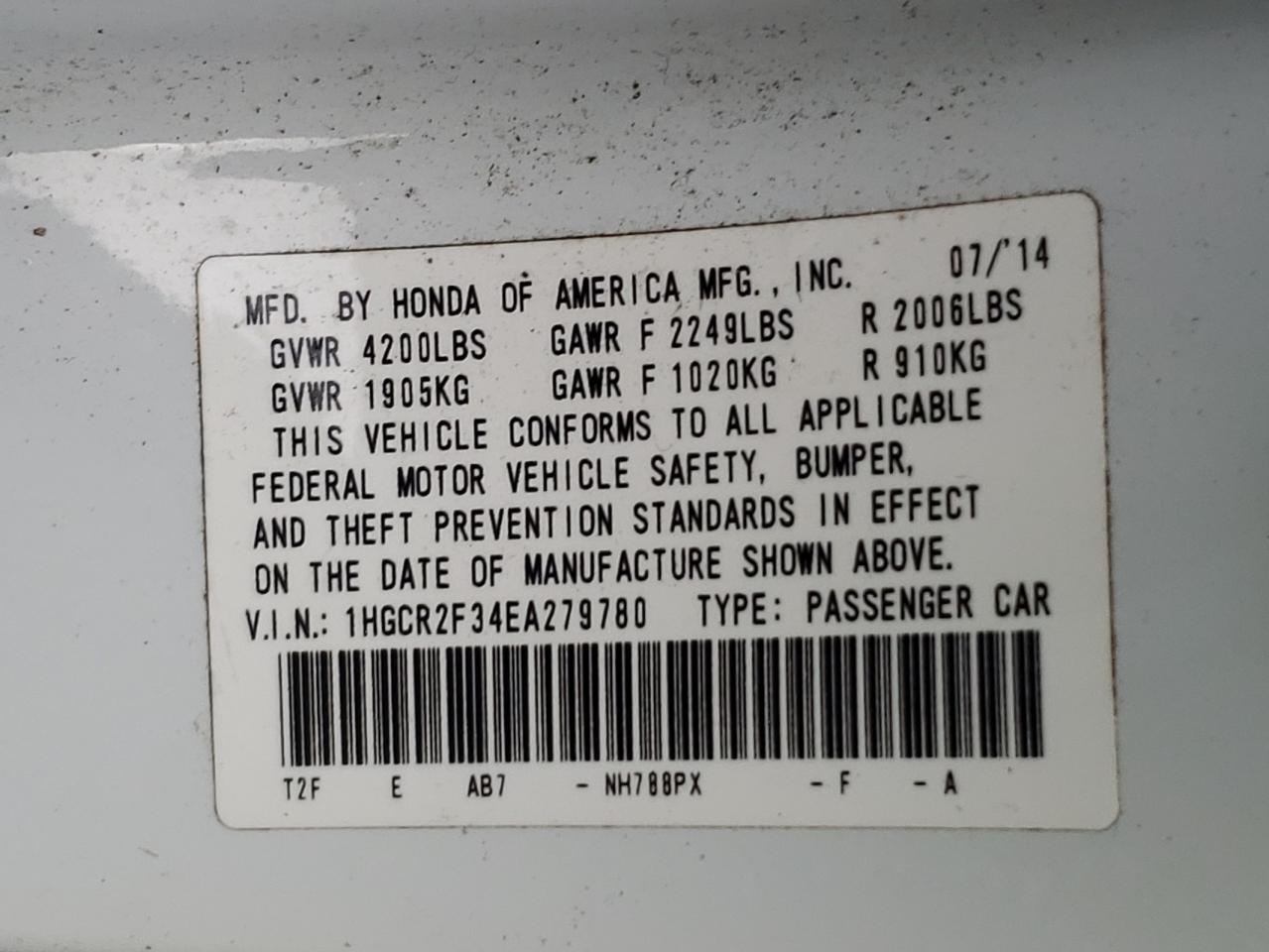 Photo 10 from auction – 2014 HONDA ACCORD LX with VIN 1HGCR2F34EA279780