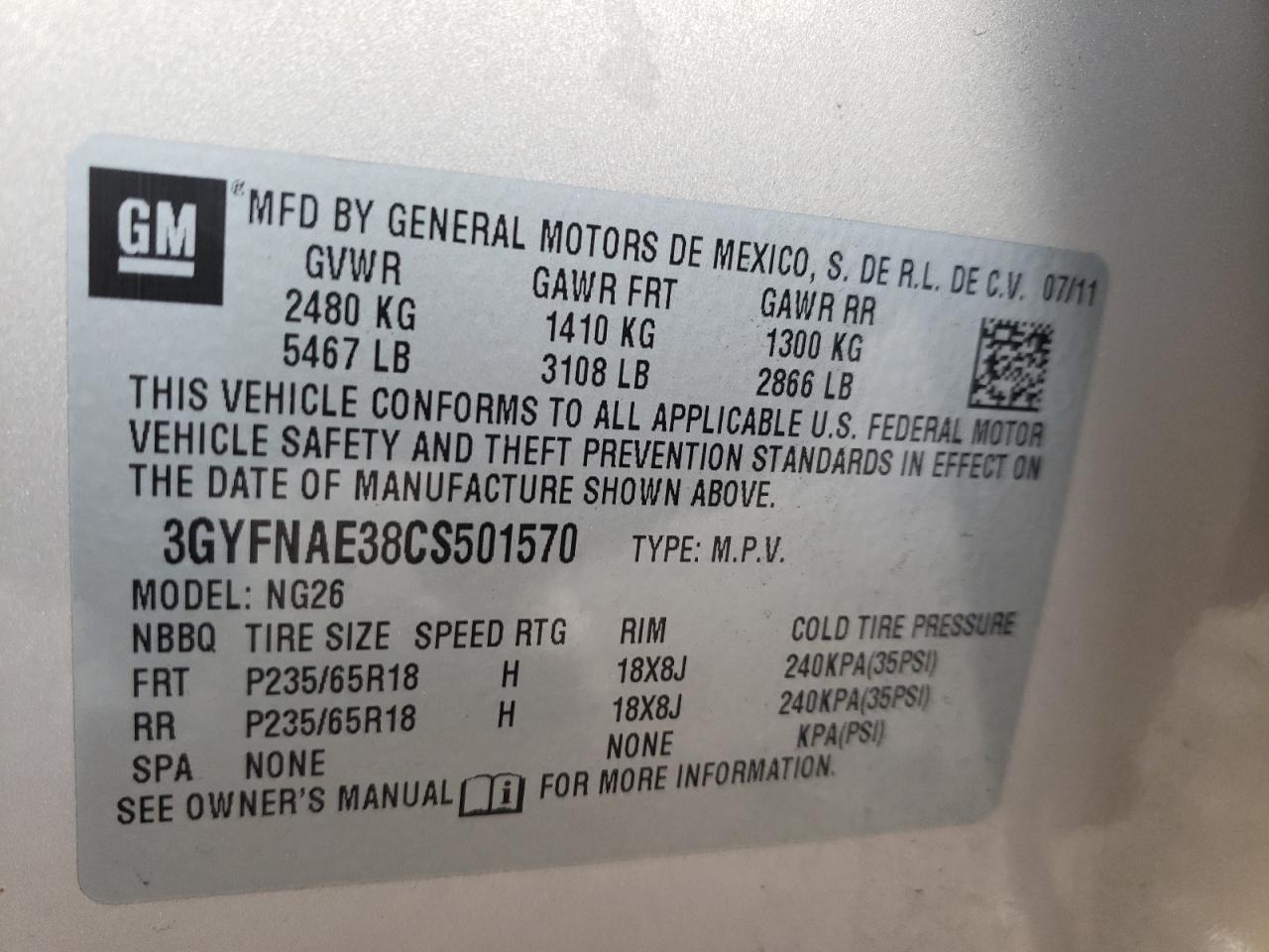 Photo 10 from auction – 2012 CADILLAC SRX LUXURY with VIN 3GYFNAE38CS501570