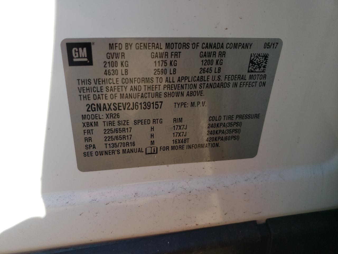 Photo 10 from auction – 2018 CHEVROLET EQUINOX LT with VIN 2GNAXSEV2J6139157