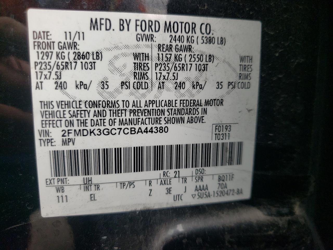 Photo 10 from auction – 2012 FORD EDGE SE with VIN 2FMDK3GC7CBA44380