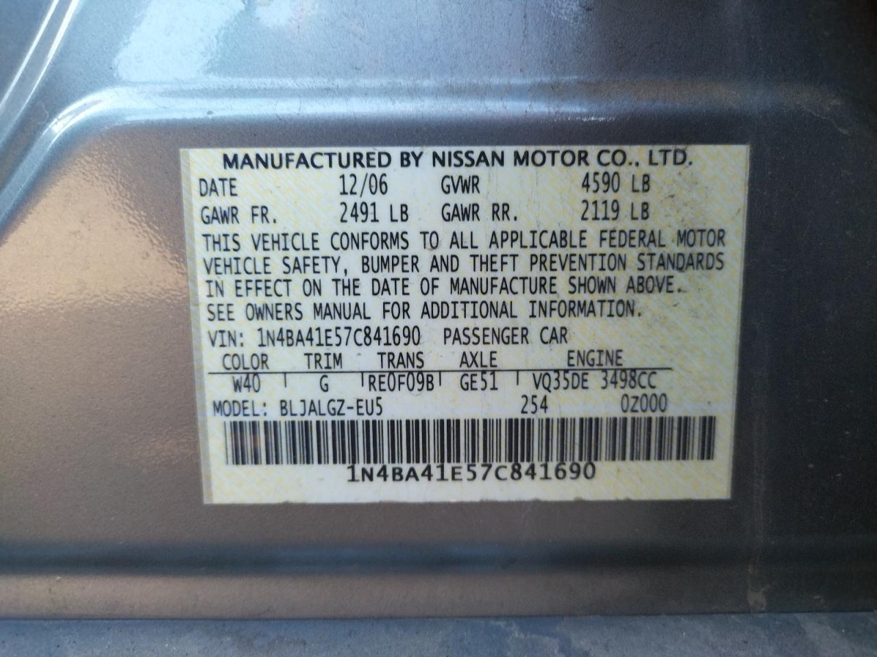 Photo 10 from auction – 2007 NISSAN MAXIMA SE with VIN 1N4BA41E57C841690