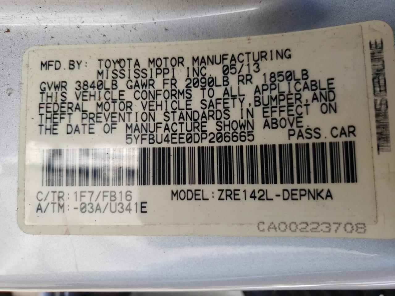 Photo 10 from auction – 2013 TOYOTA COROLLA BA with VIN 5YFBU4EE0DP206665