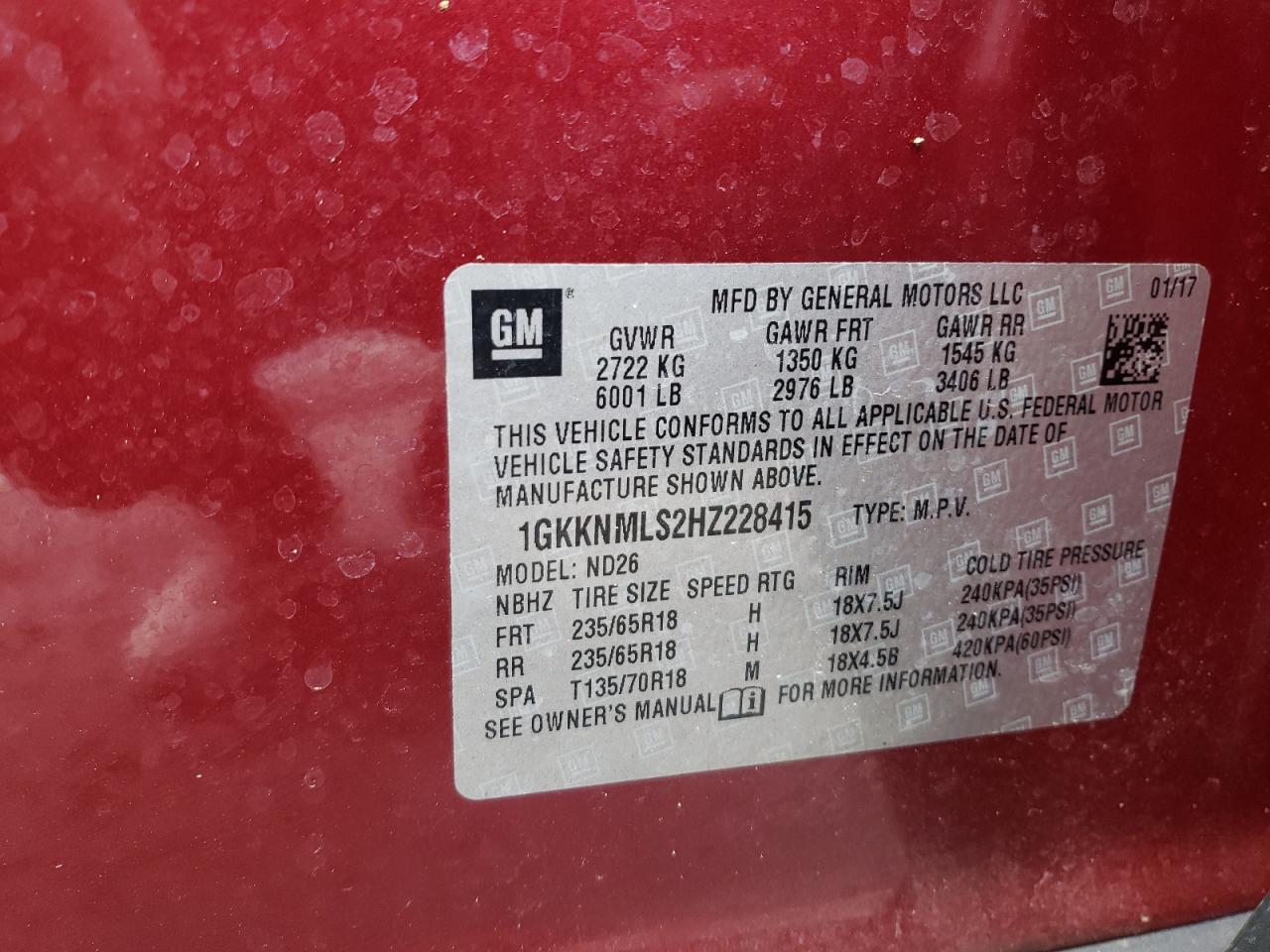 Photo 10 from auction – 2017 GMC ACADIA SLT with VIN 1GKKNMLS2HZ228415
