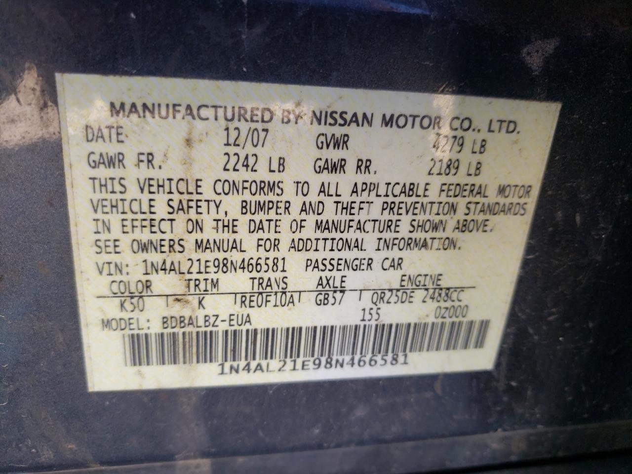 Photo 10 from auction – 2008 NISSAN ALTIMA 2.5 with VIN 1N4AL21E98N466581