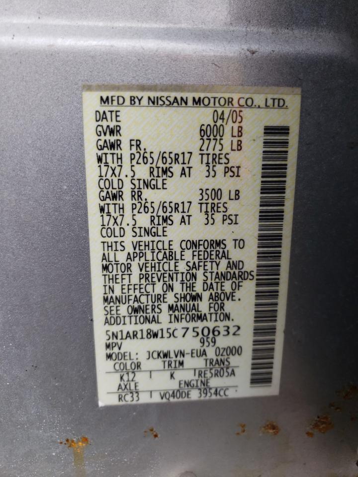 Photo 10 from auction – 2005 NISSAN PATHFINDER with VIN 5N1AR18W15C750632