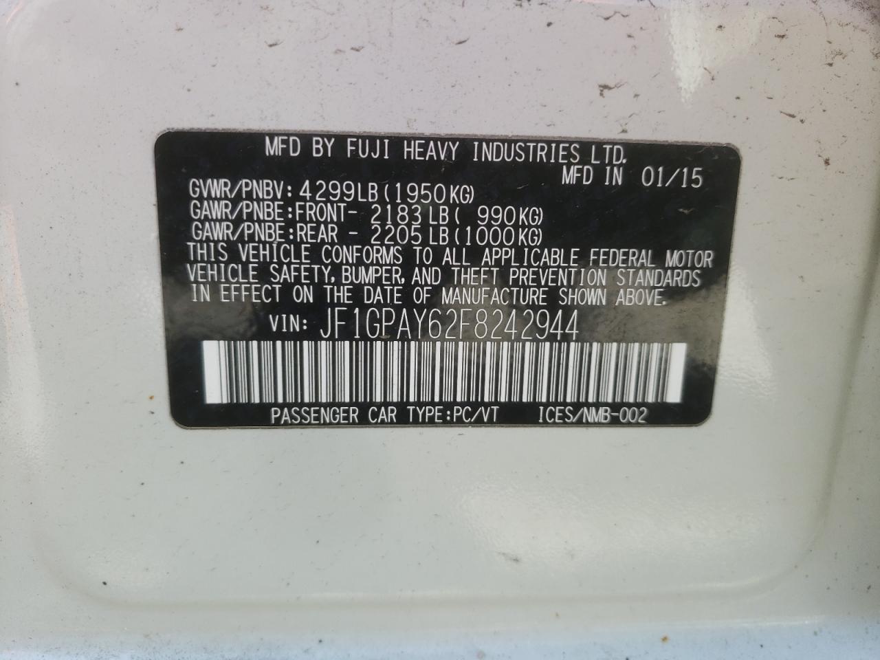 Photo 10 from auction – 2015 SUBARU IMPREZA SP with VIN JF1GPAY62F8242944