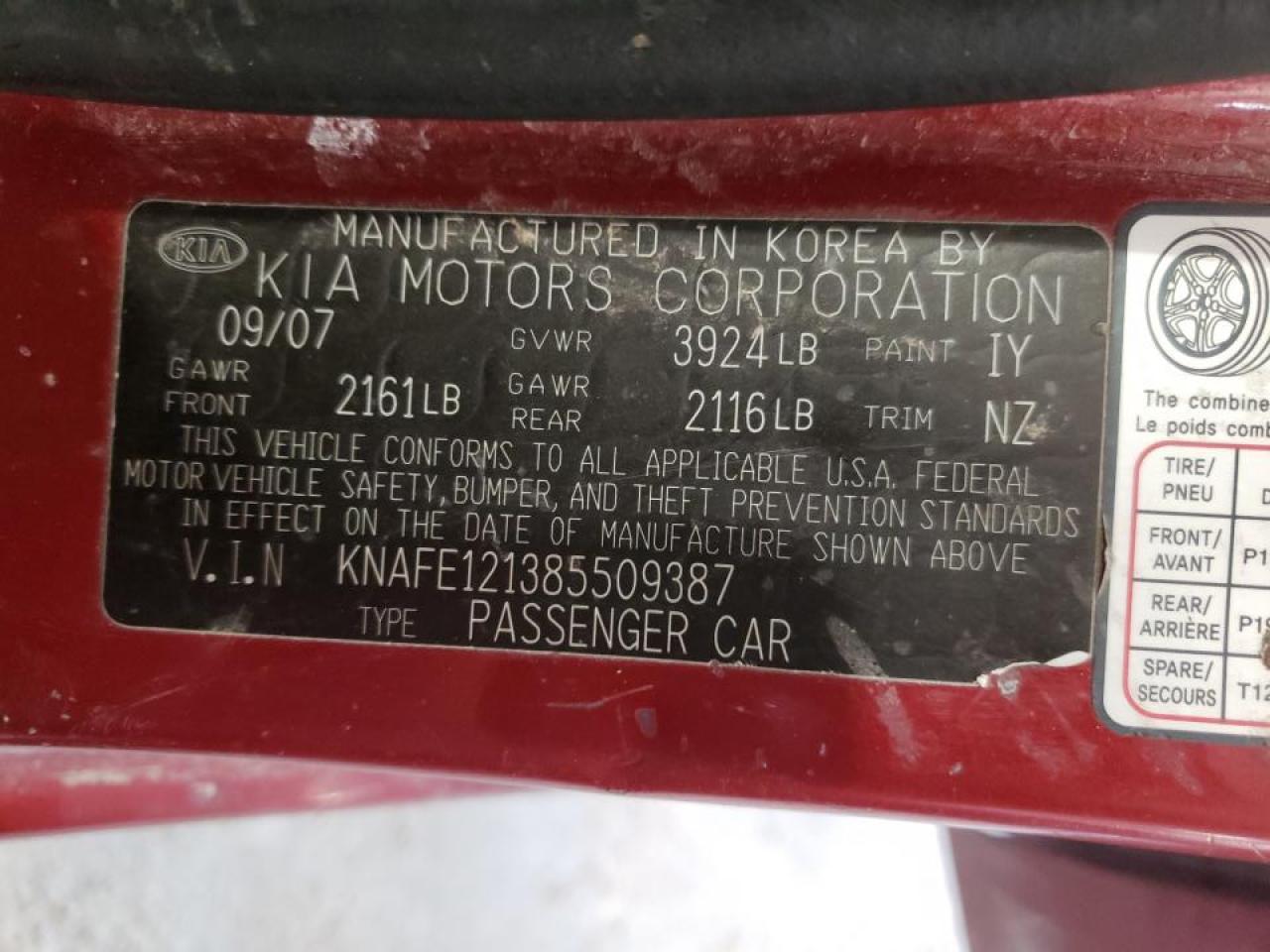 Zdjęcie 10 z aukcji – 2008 KIA SPECTRA EX z VIN KNAFE121385509387