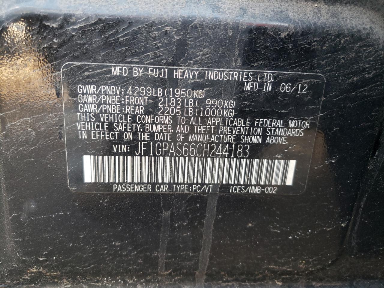 Photo 10 from auction – 2012 SUBARU IMPREZA SP with VIN JF1GPAS66CH244183