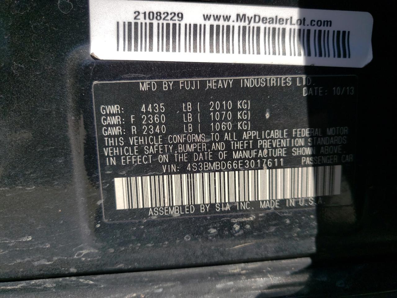 Photo 10 from auction – 2014 SUBARU LEGACY 2.5 with VIN 4S3BMBD66E3017611