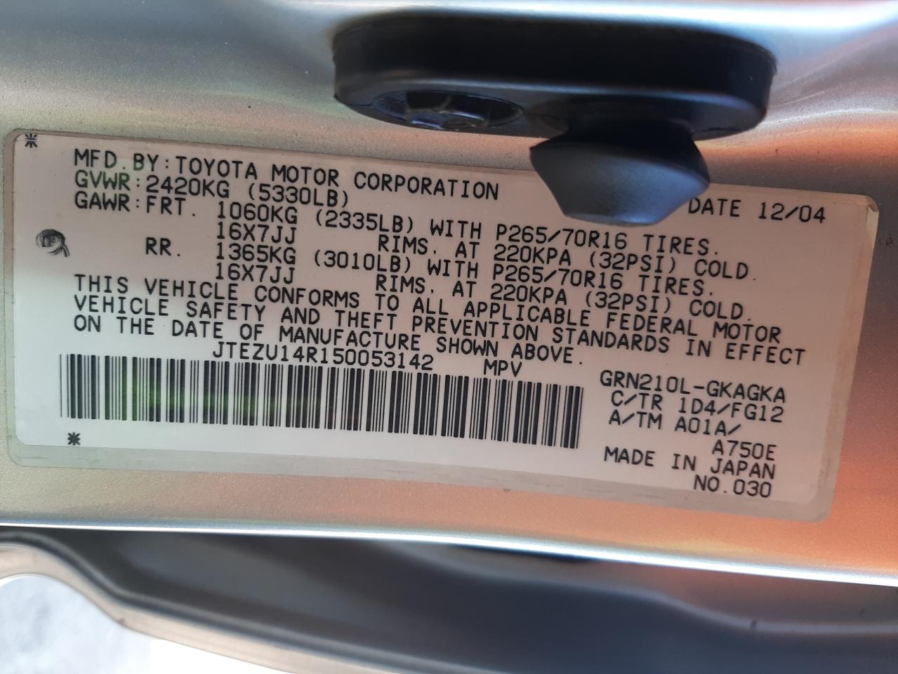 Photo 10 from auction – 2005 TOYOTA 4RUNNER SR with VIN JTEZU14R150053142