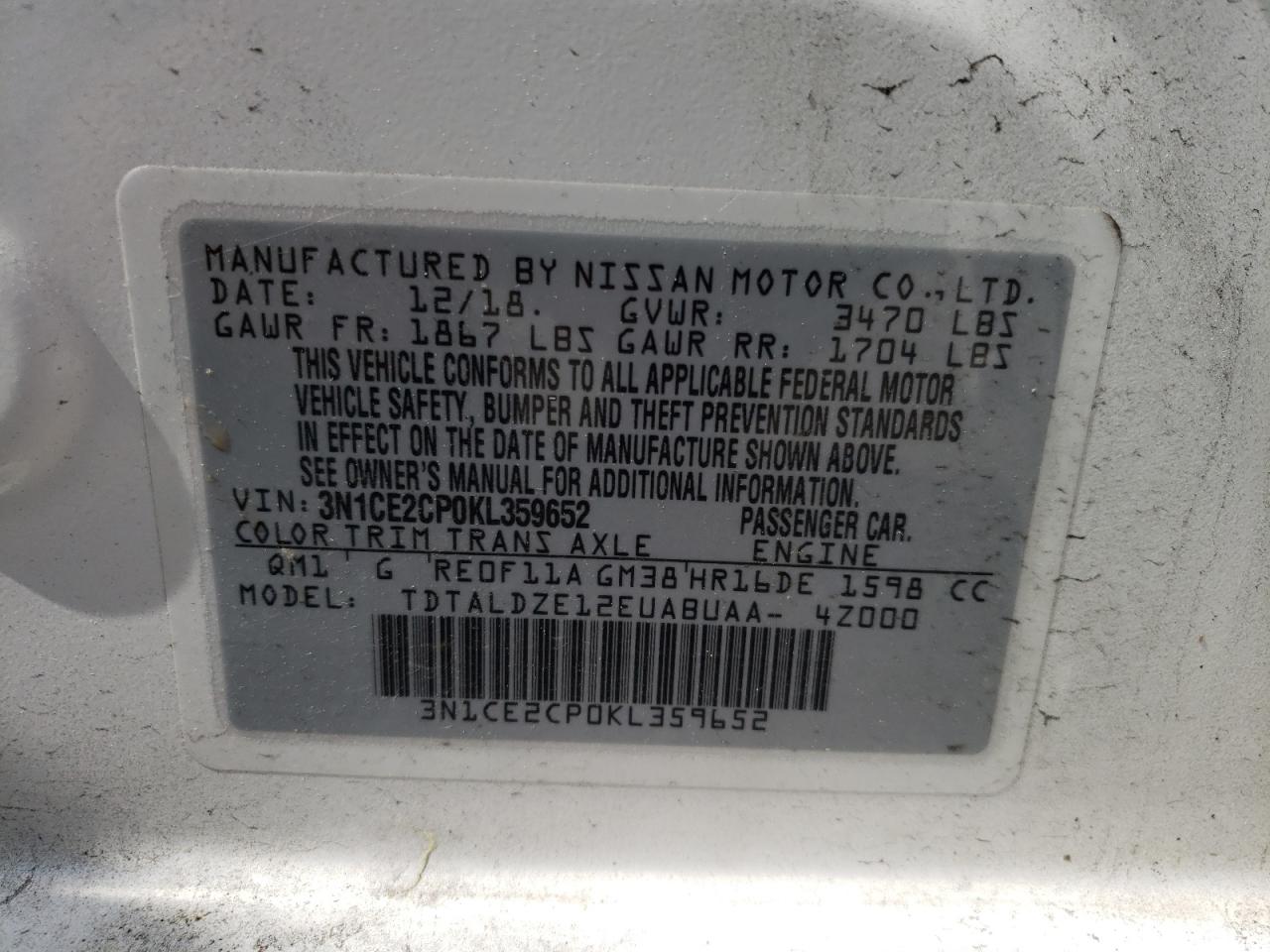 Photo 10 from auction – 2019 NISSAN VERSA NOTE with VIN 3N1CE2CP0KL359652