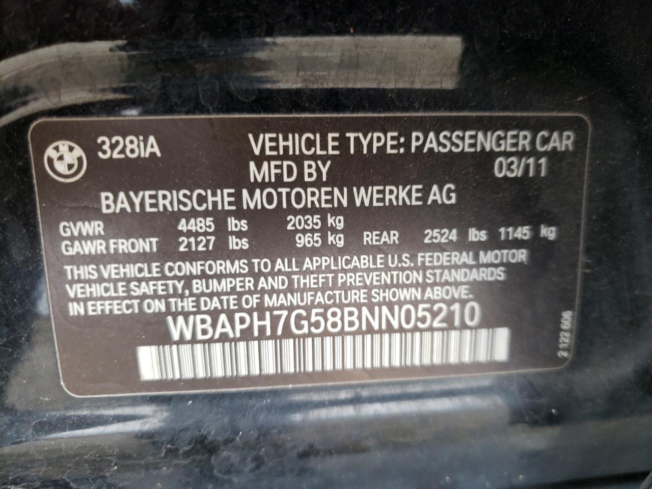 Photo 10 from auction – 2011 BMW 328 I with VIN WBAPH7G58BNN05210