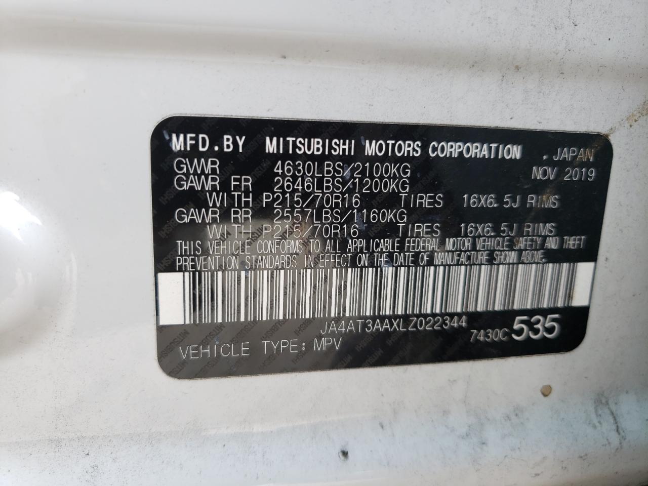 Photo 10 from auction – 2020 MITSUBISHI ECLIPSE CR with VIN JA4AT3AAXLZ022344
