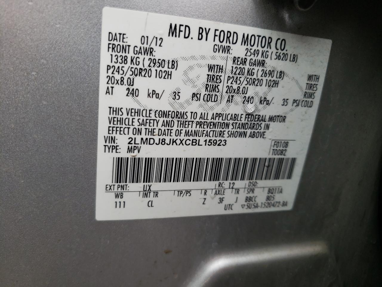 Photo 10 from auction – 2012 LINCOLN MKX with VIN 2LMDJ8JKXCBL15923