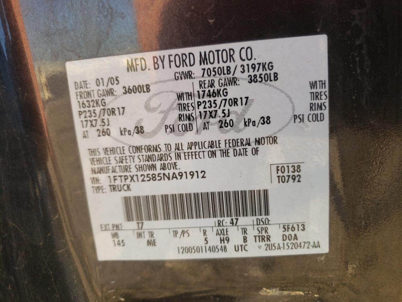 Photo 10 from auction – 2005 FORD F150 with VIN 1FTPX12585NA91912