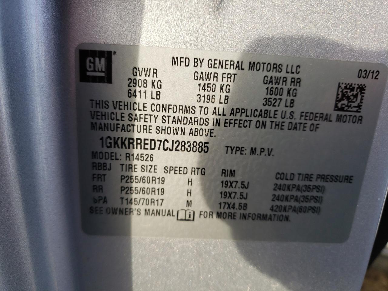 Photo 10 from auction – 2012 GMC ACADIA with VIN 1GKKRRED7CJ283885