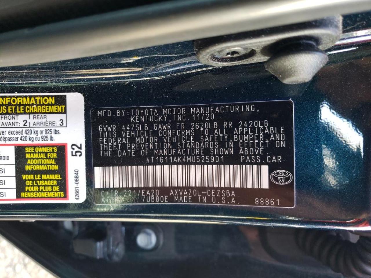 Photo 10 from auction – 2021 TOYOTA CAMRY SE with VIN 4T1G11AK4MU525901