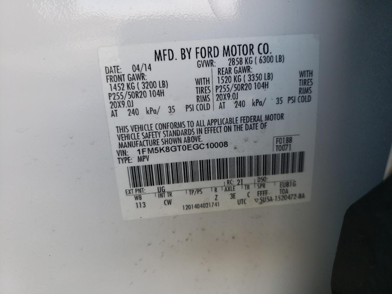 Photo 10 from auction – 2014 FORD EXPLORER S with VIN 1FM5K8GT0EGC10008