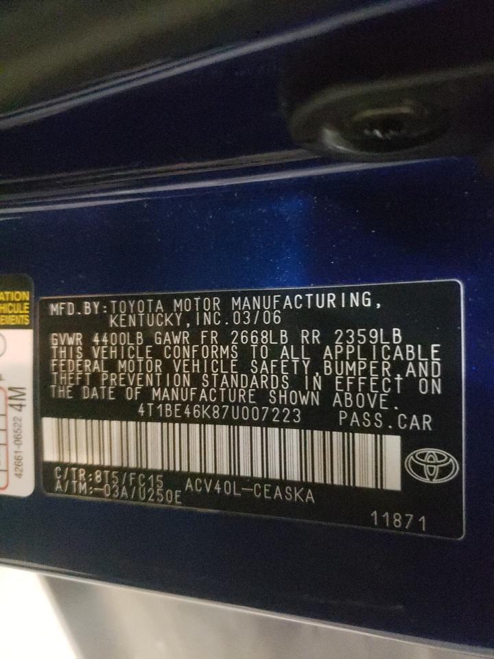 Photo 10 from auction – 2007 TOYOTA CAMRY with VIN 4T1BE46K87U007223