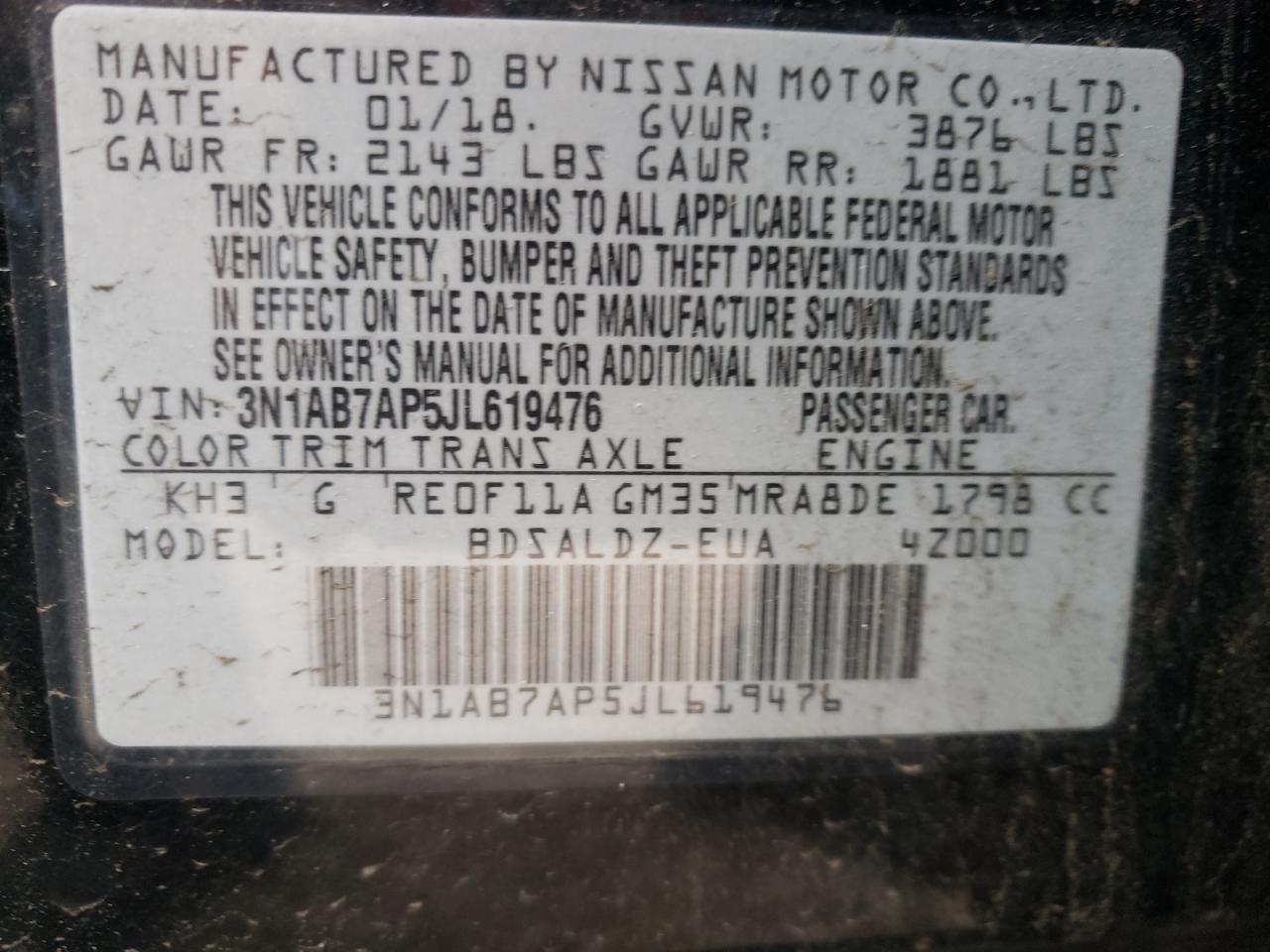 Photo 10 from auction – 2018 NISSAN SENTRA S with VIN 3N1AB7AP5JL619476