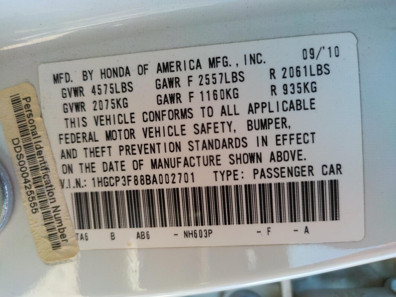 Photo 10 from auction – 2011 HONDA ACCORD EXL with VIN 1HGCP3F88BA002701