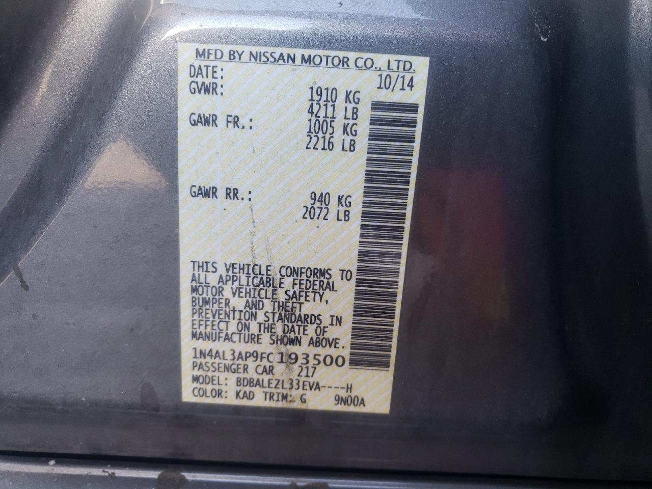Photo 10 from auction – 2015 NISSAN ALTIMA 2.5 with VIN 1N4AL3AP9FC193500