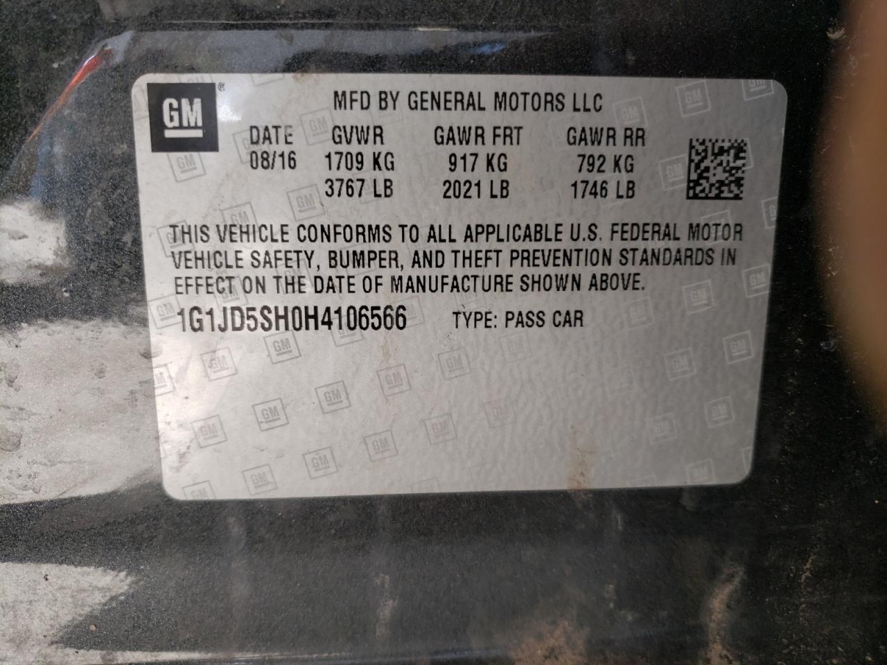 Photo 10 from auction – 2017 CHEVROLET SONIC LT with VIN 1G1JD5SH0H4106566