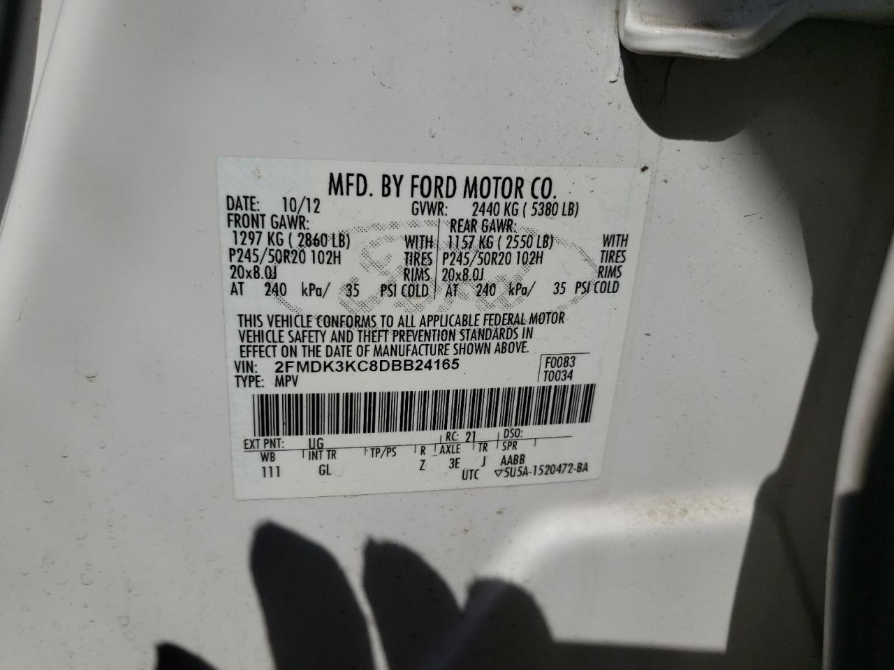 Photo 10 from auction – 2013 FORD EDGE LIMIT with VIN 2FMDK3KC8DBB24165