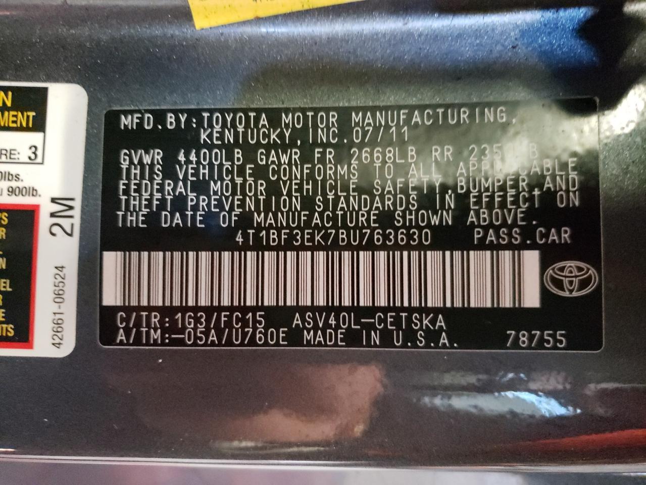 Photo 10 from auction – 2011 TOYOTA CAMRY BASE with VIN 4T1BF3EK7BU763630