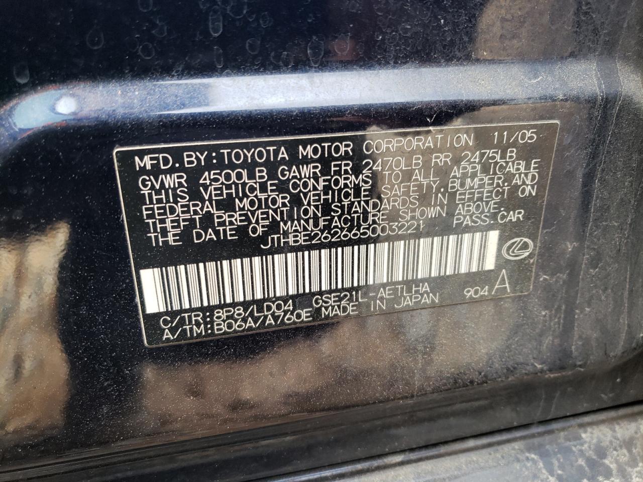 Photo 10 from auction – 2006 LEXUS IS 350 with VIN JTHBE262665003221