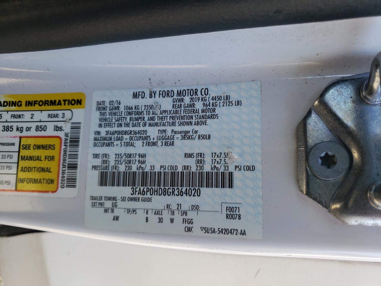 Photo 10 from auction – 2016 FORD FUSION SE with VIN 3FA6P0HD8GR364020